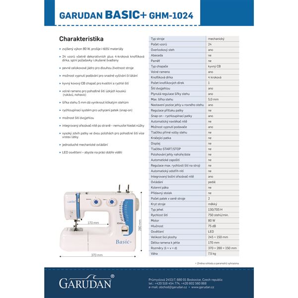 Domácí šicí stroj Garudan Basic+ GHM-1024